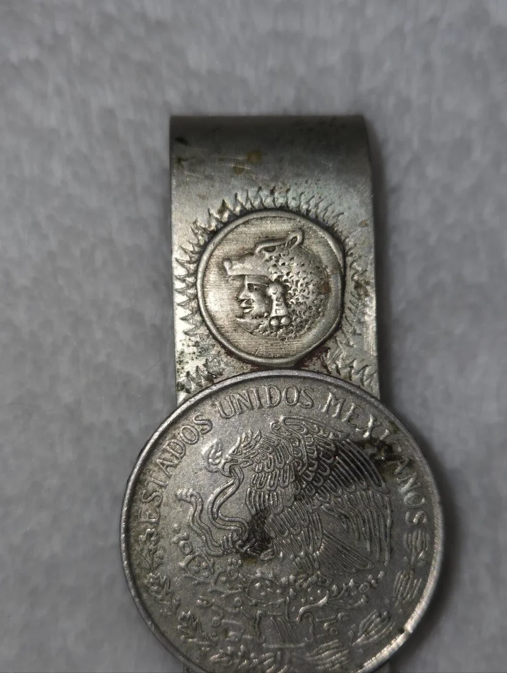 Vintage Mexican Money Clip 1957 One Peso/Native Warrior Head Motif Alpaca Silver
